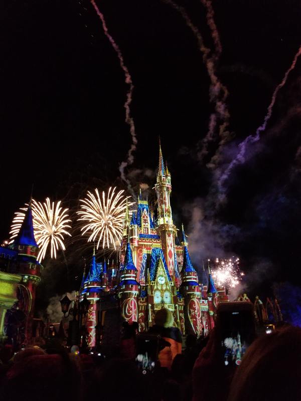 fireworks over castle at night