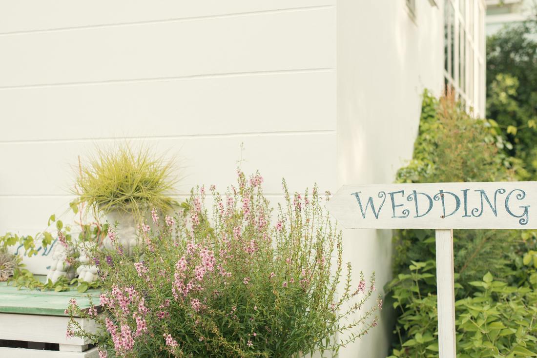 wedding sign in a garden with flowers