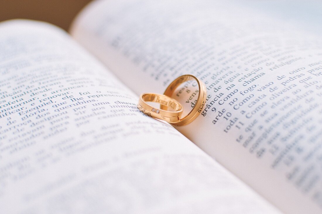 gold wedding rings on bible